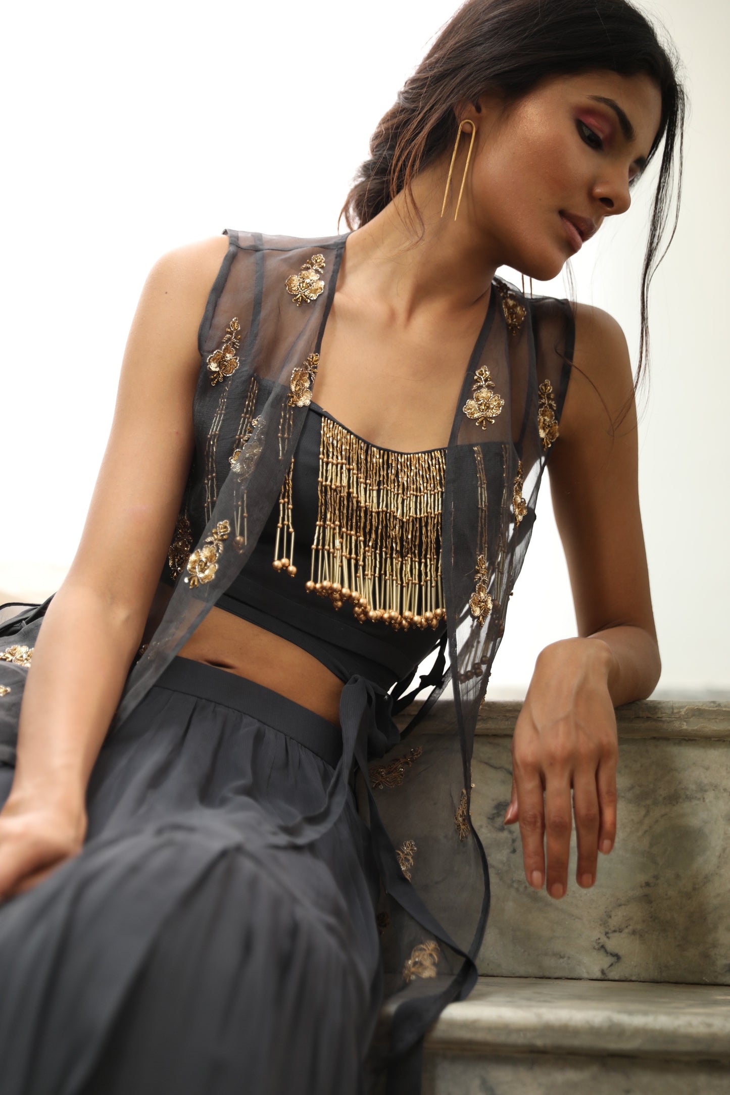 CHARCOAL GREY TIERED LEHENGA WITH EMBROIDERED CAPE SET