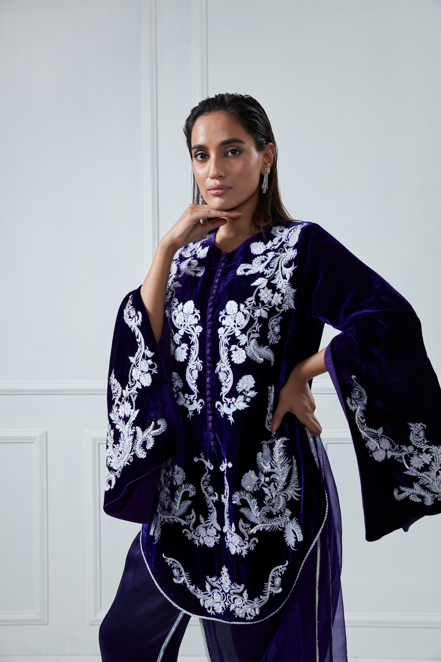 PURPLE EMBROIDERED TOP AND LUNGI SET