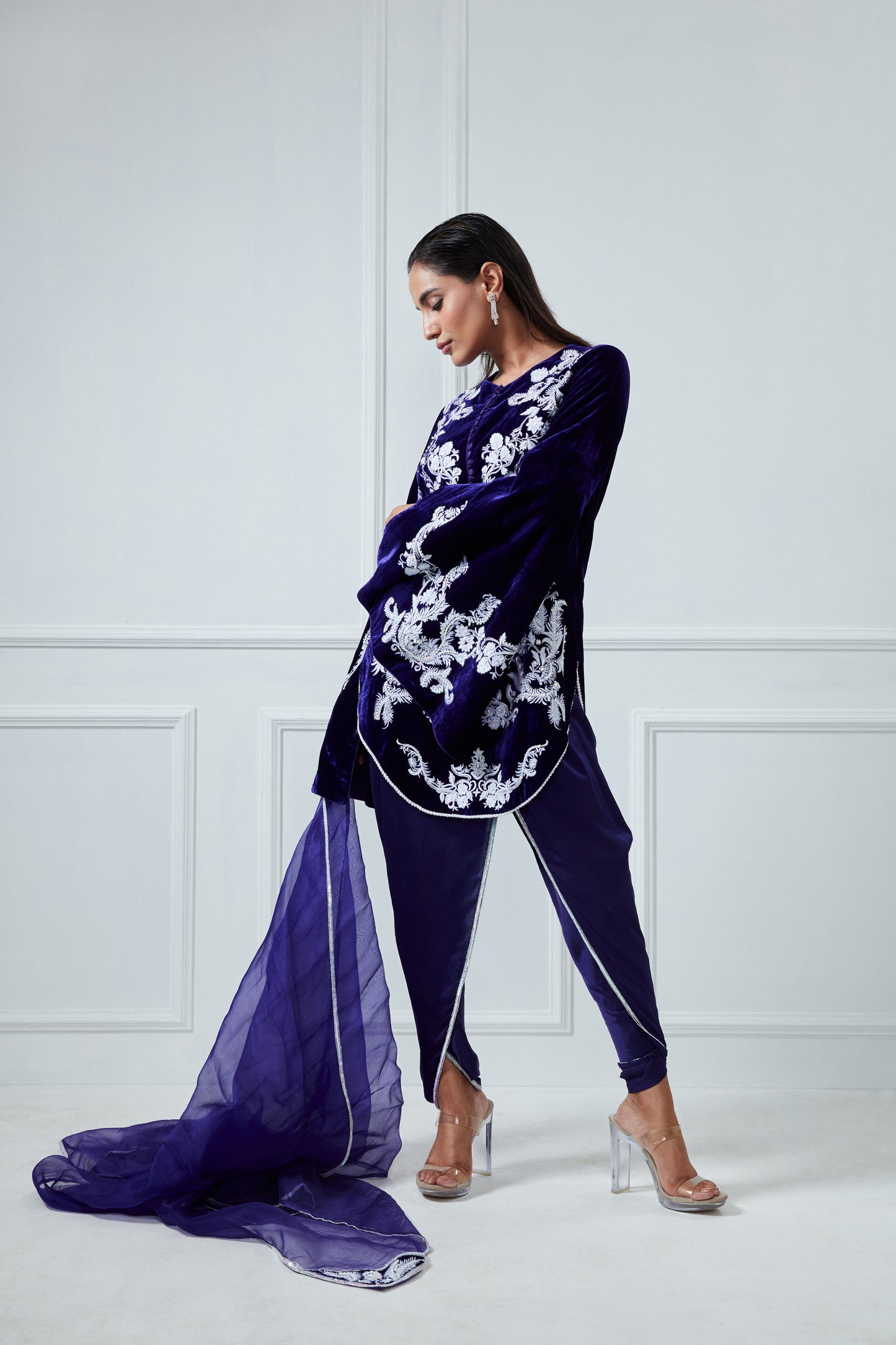 PURPLE EMBROIDERED TOP AND LUNGI SET
