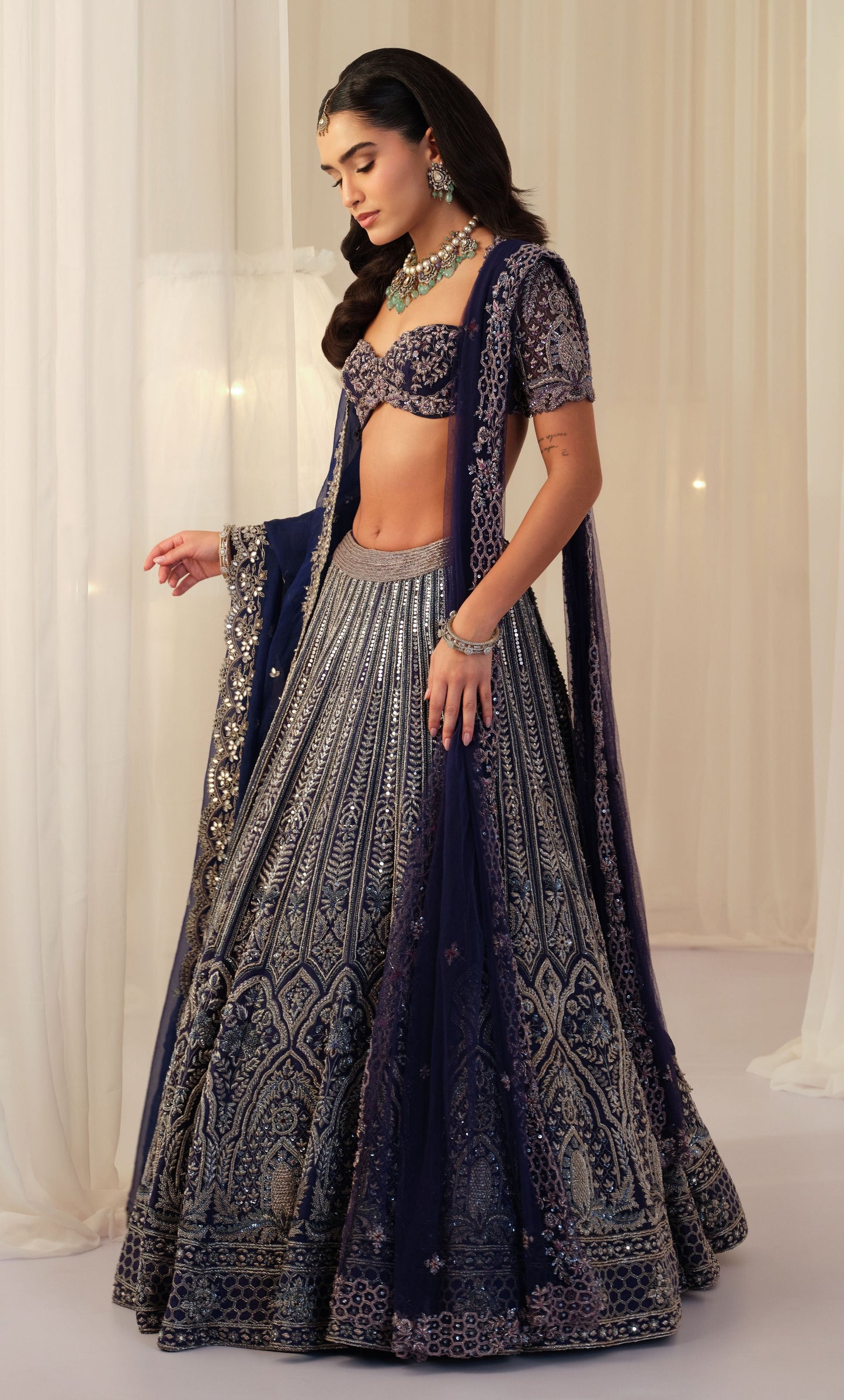Indigo Hand Embellished Blouse With Raw Silk Lehenga & Dupatta
