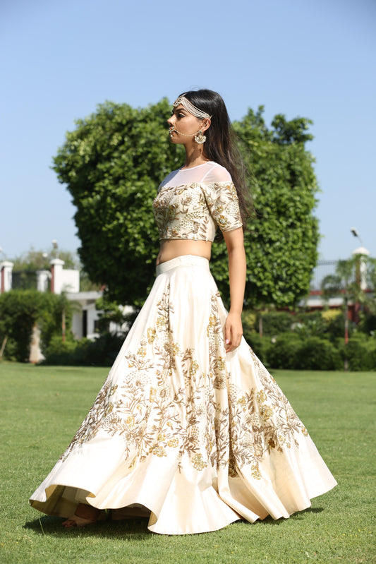 IVORY EMBROIDERED CROP TOP LEHENGA SET