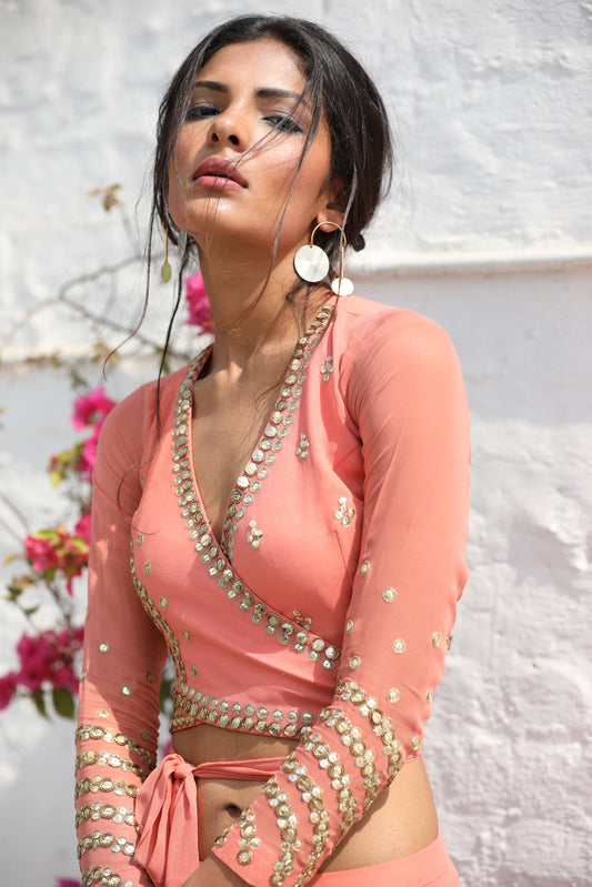 PEACH WRAP AROUND LEHENGA SET