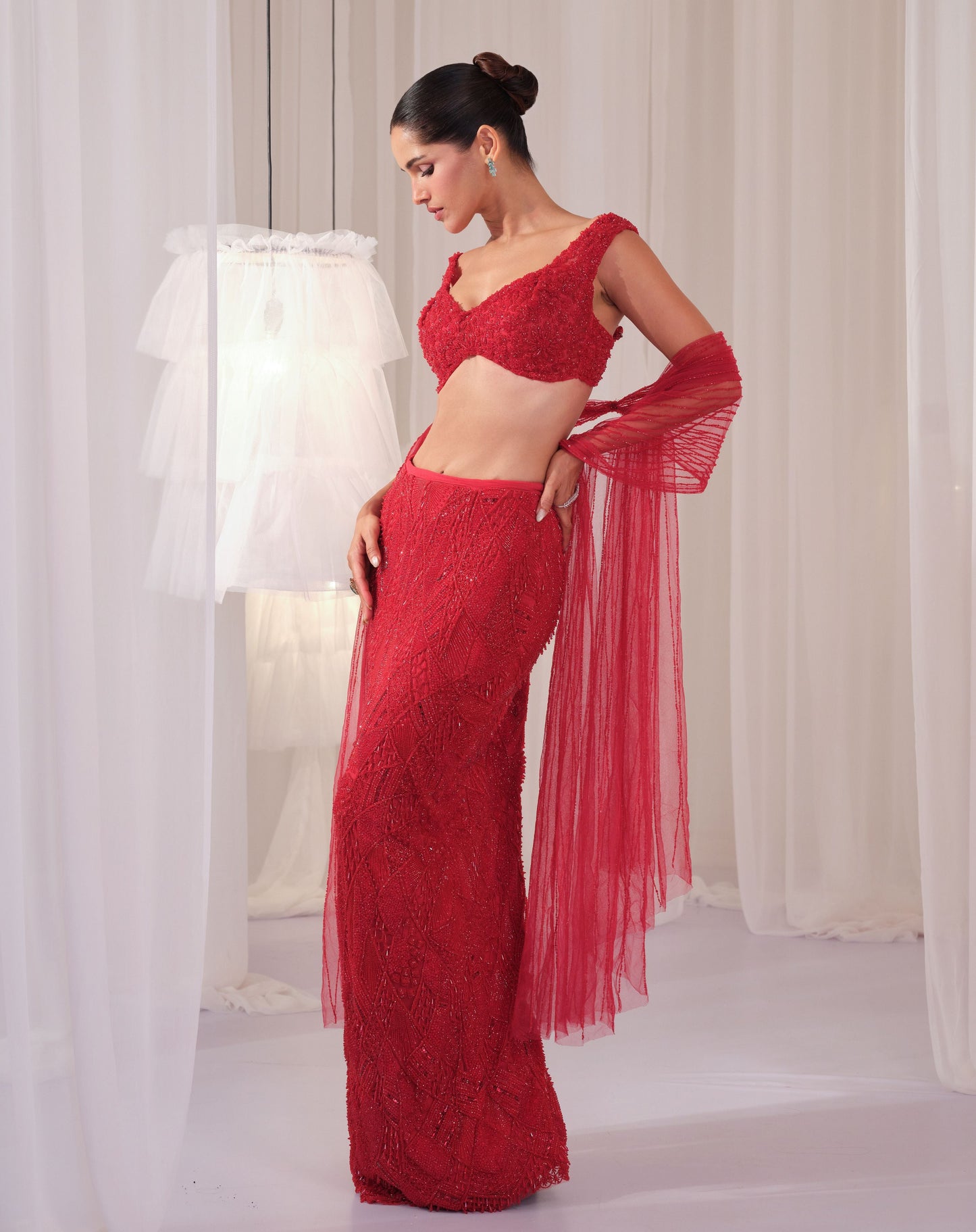 Ruby Pencil Skirt With Blouse & Dupatta