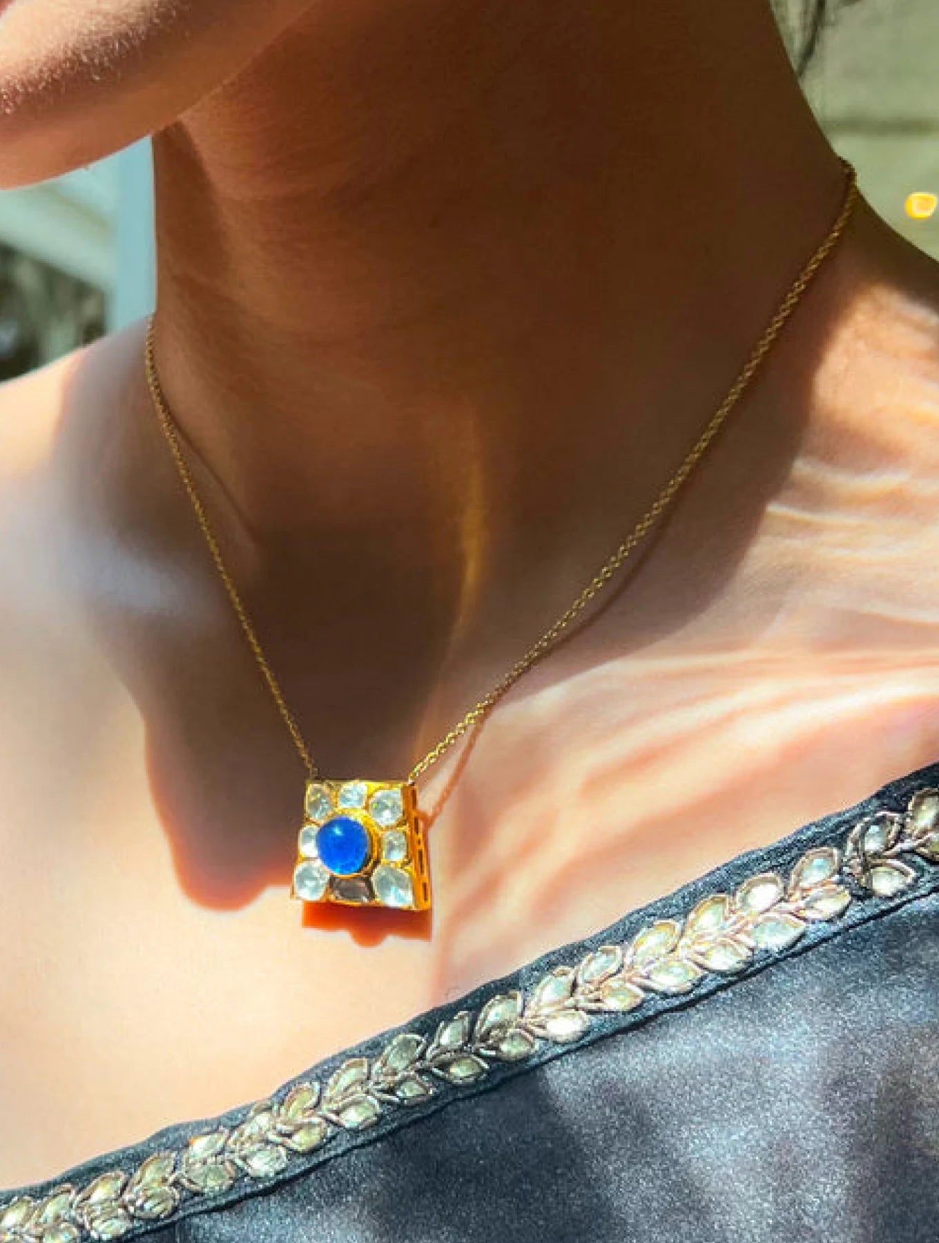 Shubhra Blue SP Silver Pendant with attached Chain