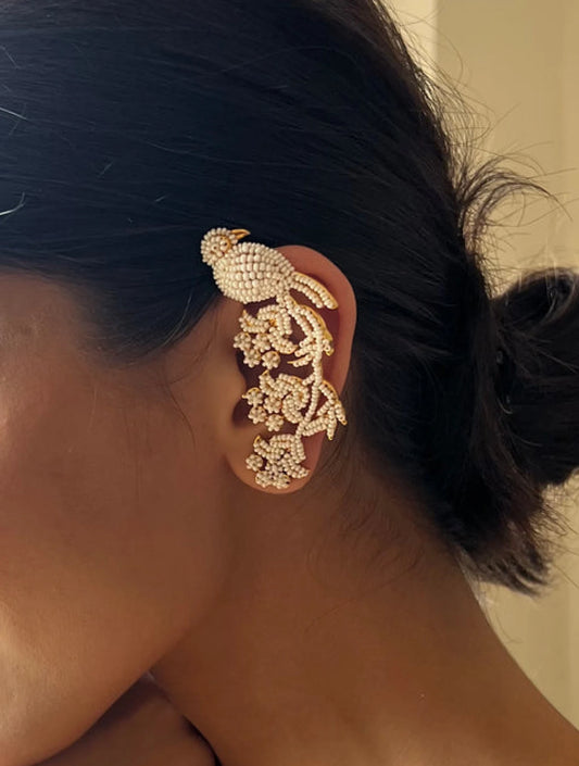 Kuhoo Bird Pearl Silver Ear Cuffs