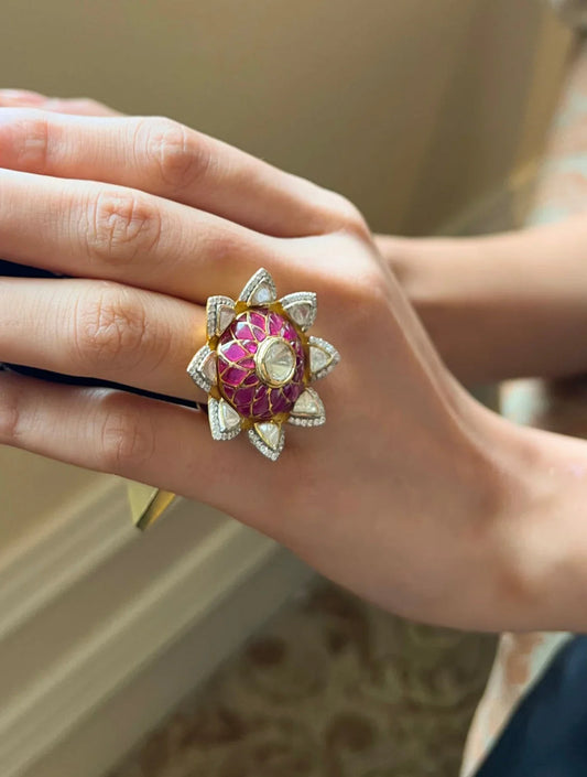 Parvati Lotus Polki Silver Ring