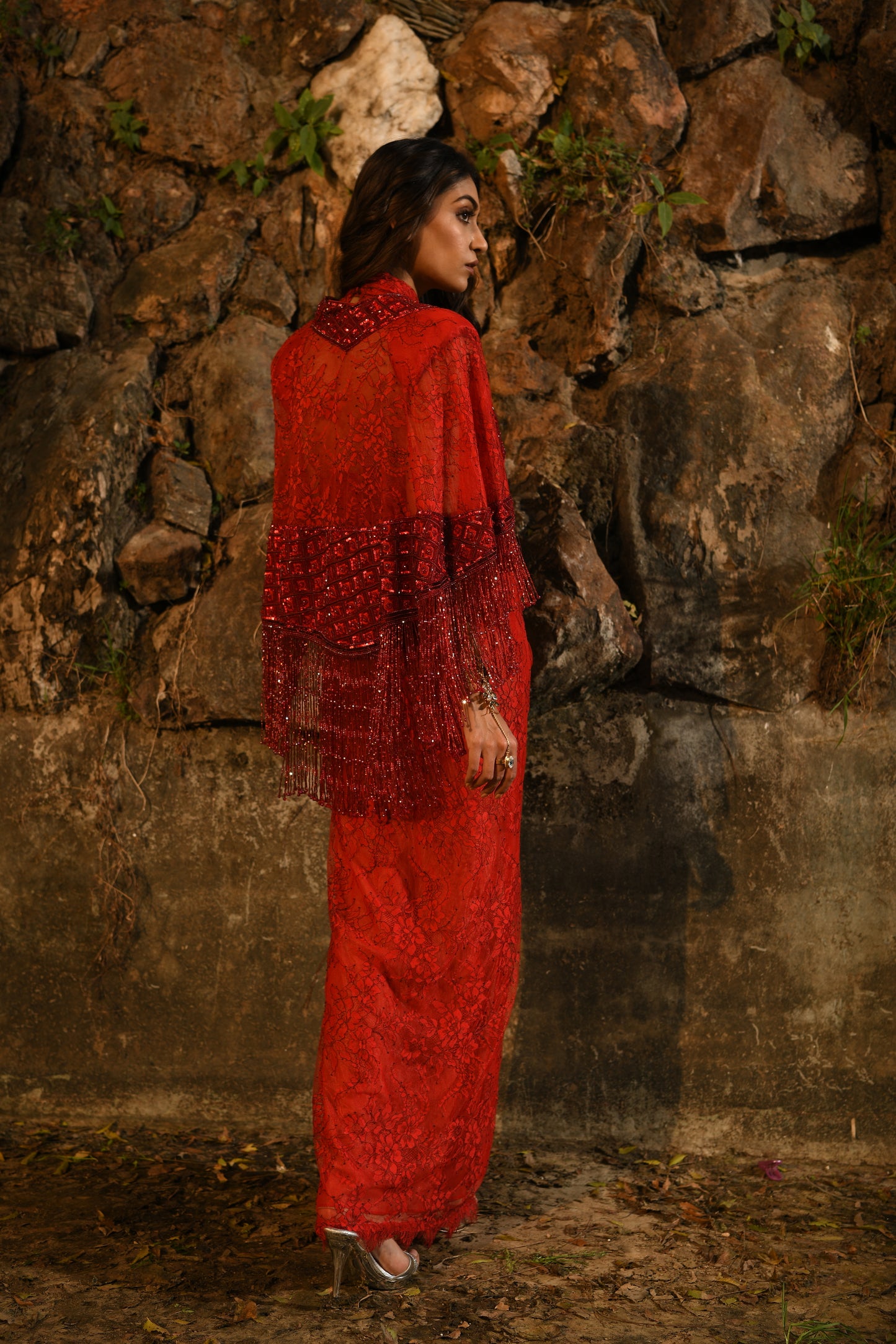 RED DRAPE DRESS WITH CAPE JACKET