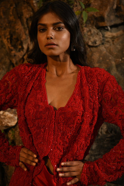 RED LONG JACKET AND DRAPE SKIRT SET