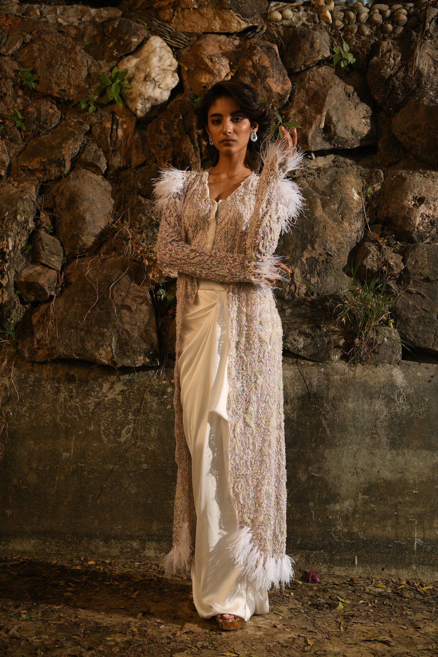 IVORY LONG JACKET AND DRAPE SKIRT SET