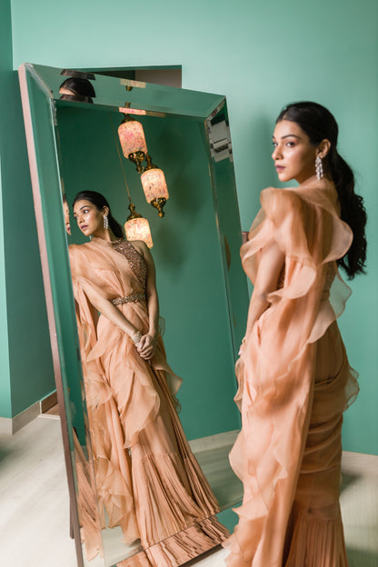ROSE GOLD TONAL EMBROIDERED PRE DRAPED RUFFLE SAREE
