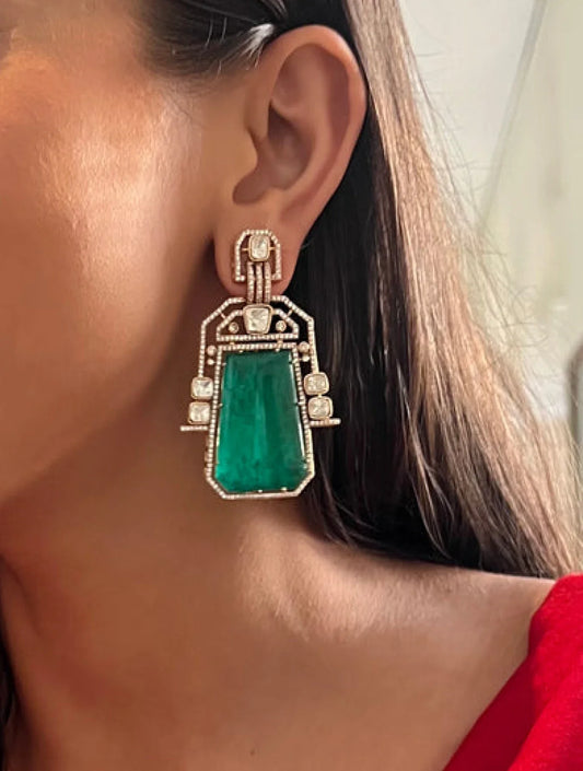 MINAL Semi Precious Green Emerald Jadau Polki EARRINGSS
