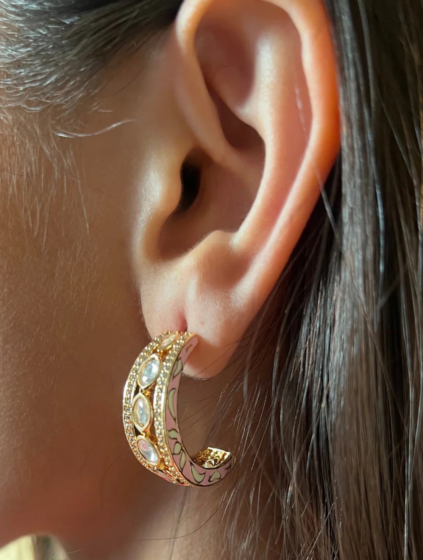 RINAL Moon Shaped Pink & White Hoop EARRINGSSs