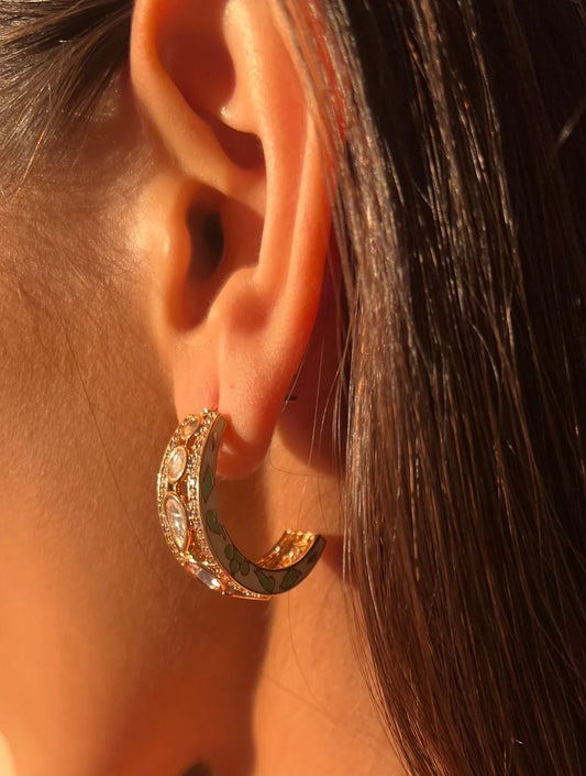 RINAL Moon Shaped White & Green Hoop EARRINGSSs