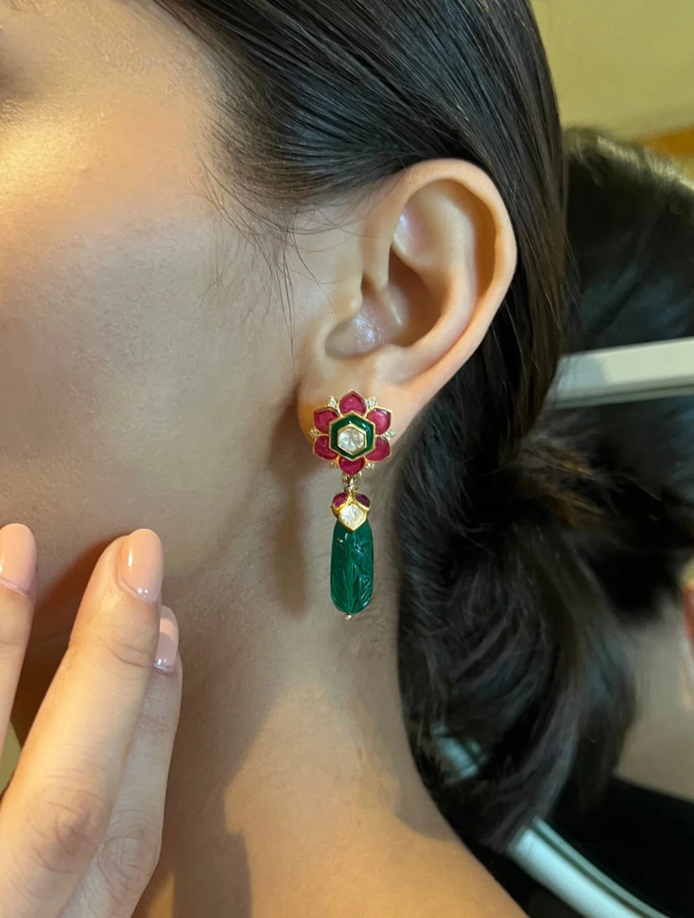 Prisha Lotus Emerald SP Teardrop Silver EARRINGSSs