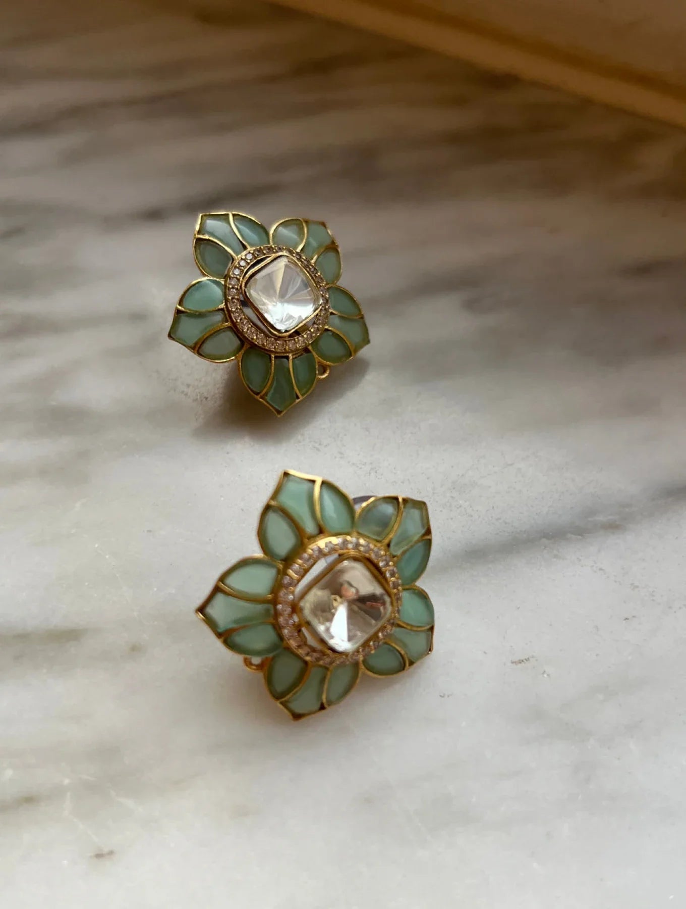 SHRIYA Flower Shaped Light Green and Dark Green Polki EARRINGSS