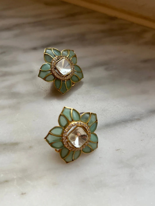 SHRIYA Flower Shaped Light Green and Dark Green Polki EARRINGSS