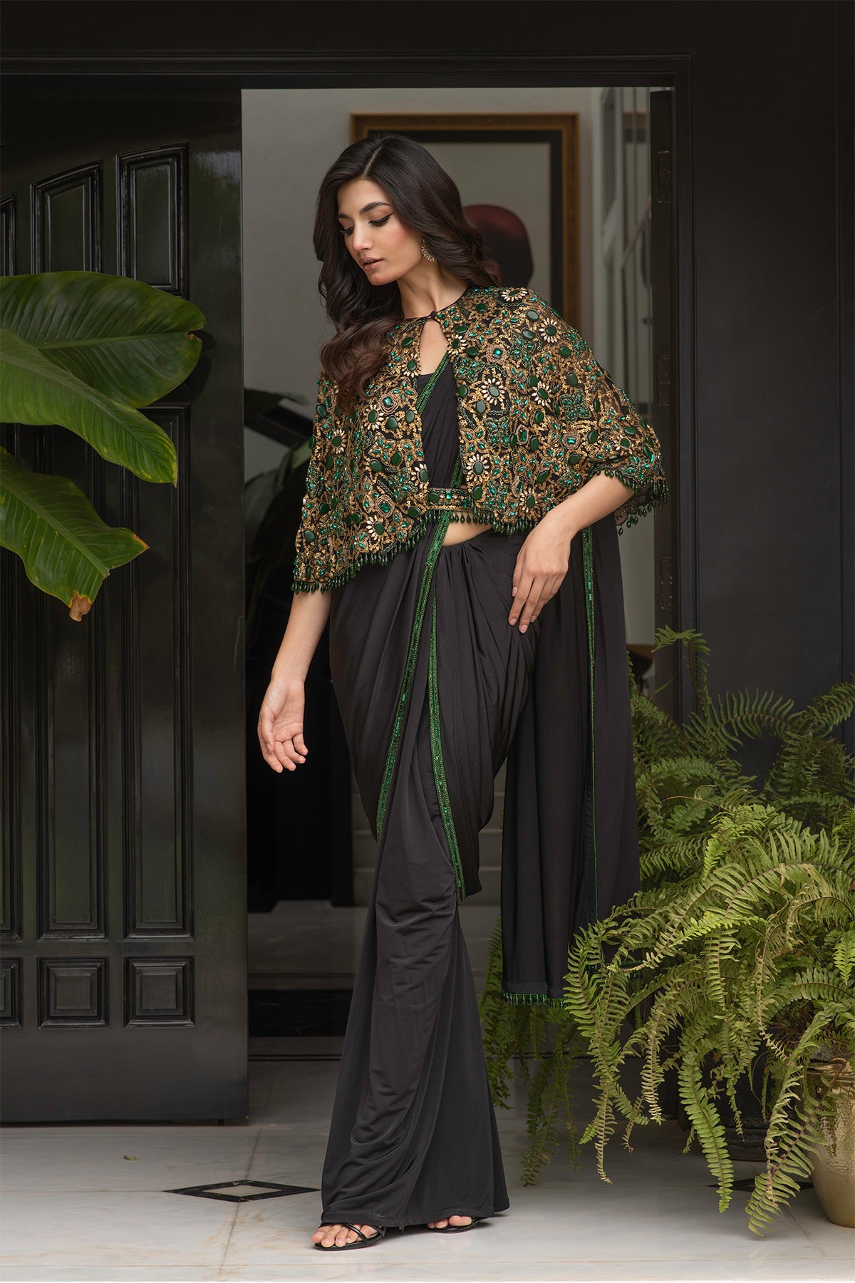 Black Silk Jersey Saree with cape