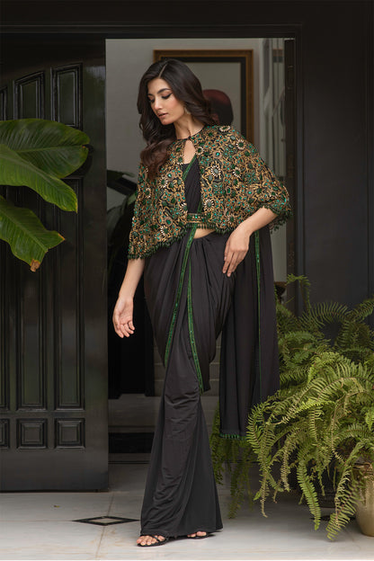Black Silk Jersey Saree with cape