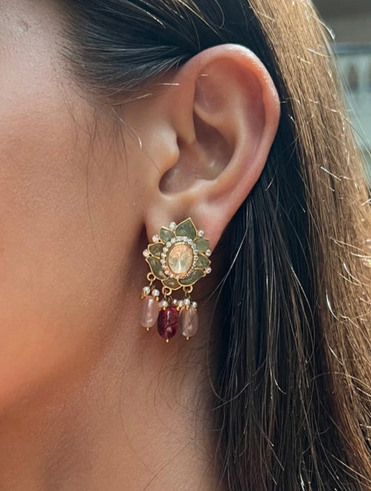 Srija Lotus Tri-Stone Polki Silver EARRINGSSs