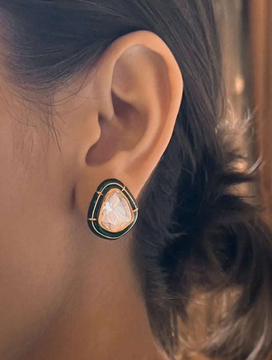 Tanaya Black and Green Enamel Polki SP Silver Stud EARRINGSSs