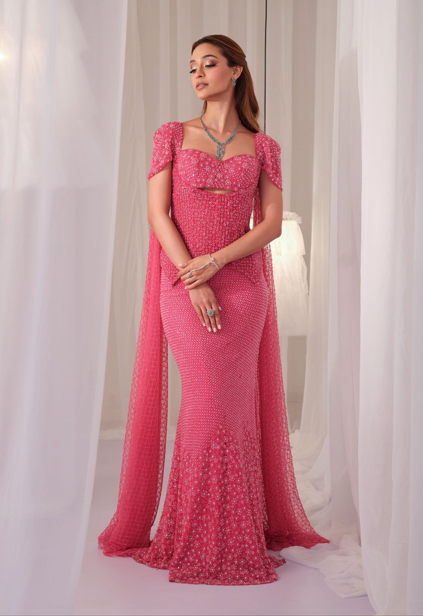 Barbie Pink Hand Embellished Corset With Fishcut Lehenga