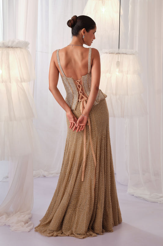 Champagne Gold Corset With Fishcut Lehenga