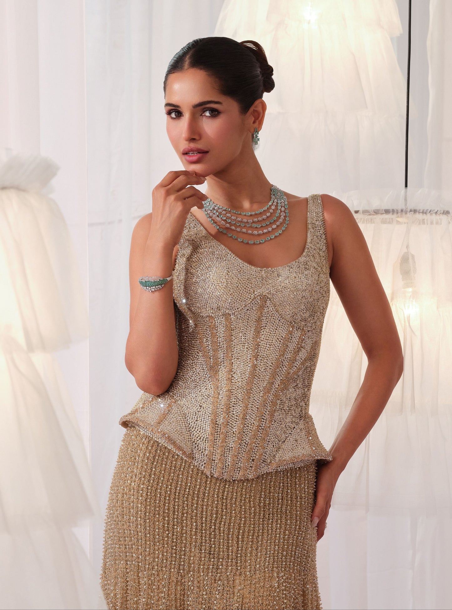 Champagne Gold Corset With Fishcut Lehenga
