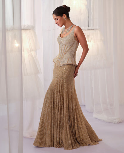 Champagne Gold Corset With Fishcut Lehenga
