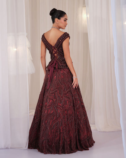 Deep Wine Hand Embellished Corset With Lehenga
