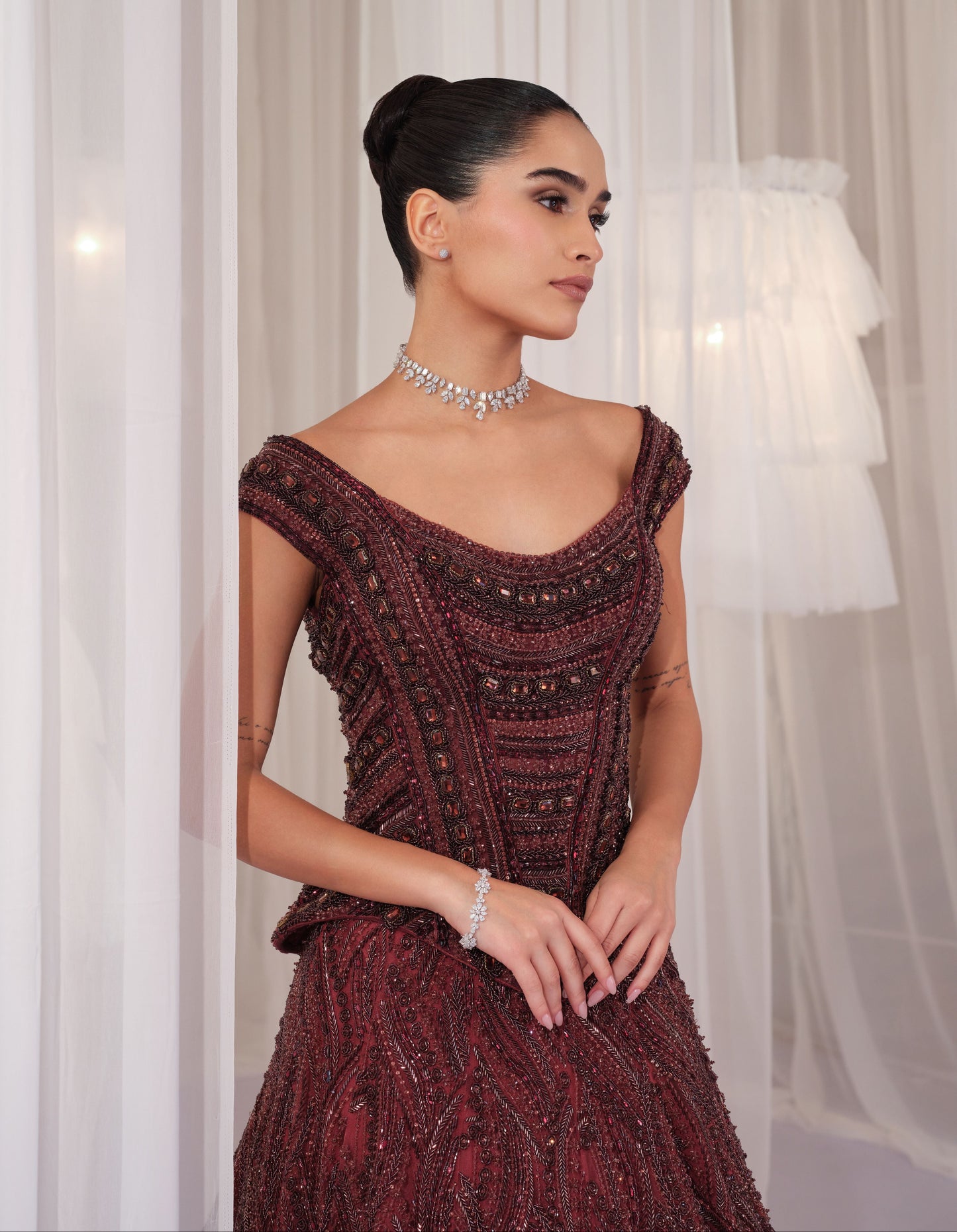 Deep Wine Hand Embellished Corset With Lehenga