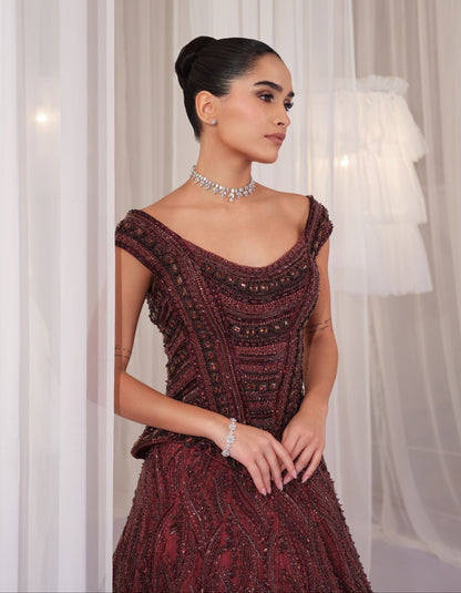 Deep Wine Hand Embellished Corset With Lehenga
