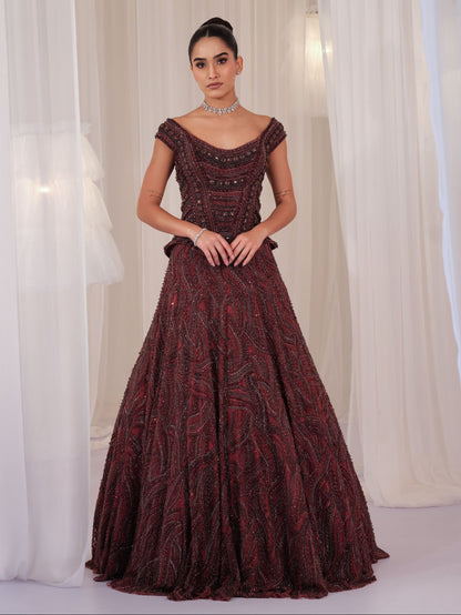 Deep Wine Hand Embellished Corset With Lehenga