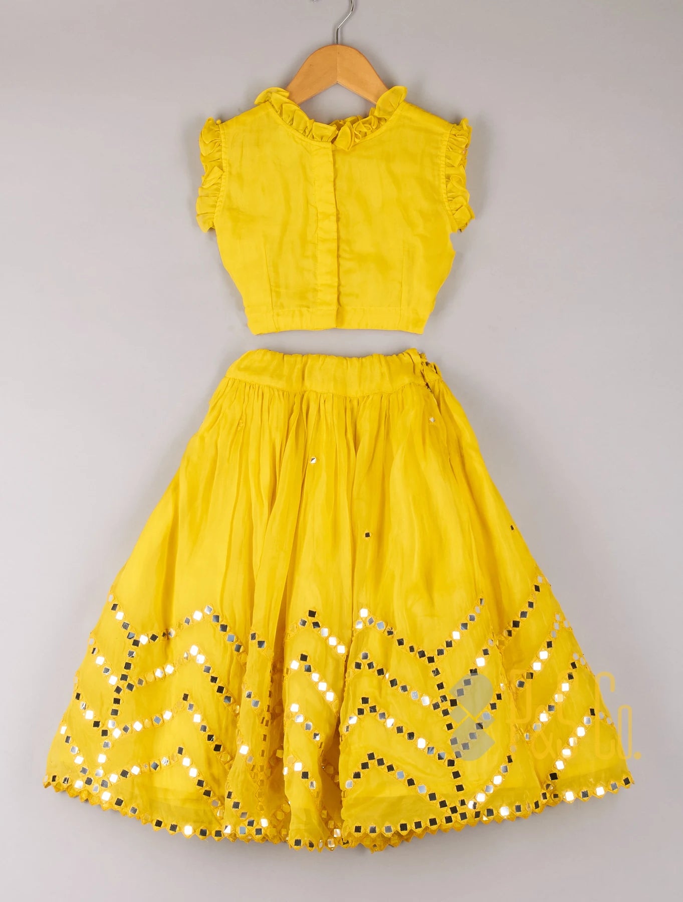 Faux Mirror Work Zig Zag Design Top And Lehenga Yellow