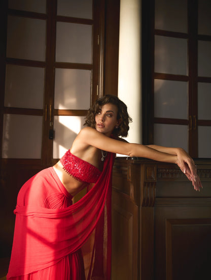 RED BUSTIER AND CORSET SAREE