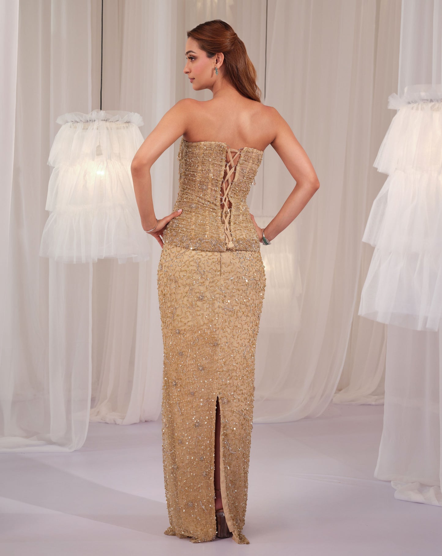 Golden Muse Hand Embellished Corset With Pencil Skirt