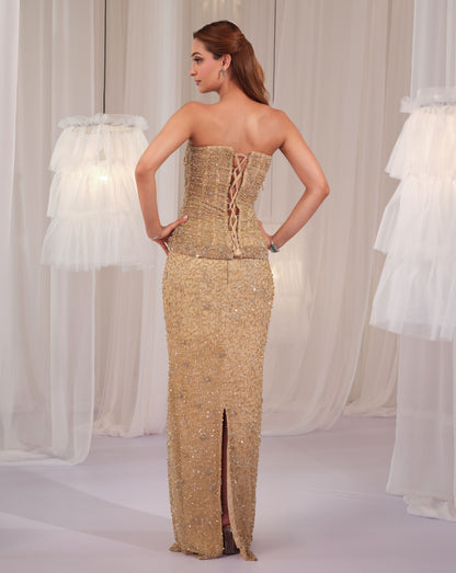 Golden Muse Hand Embellished Corset With Pencil Skirt