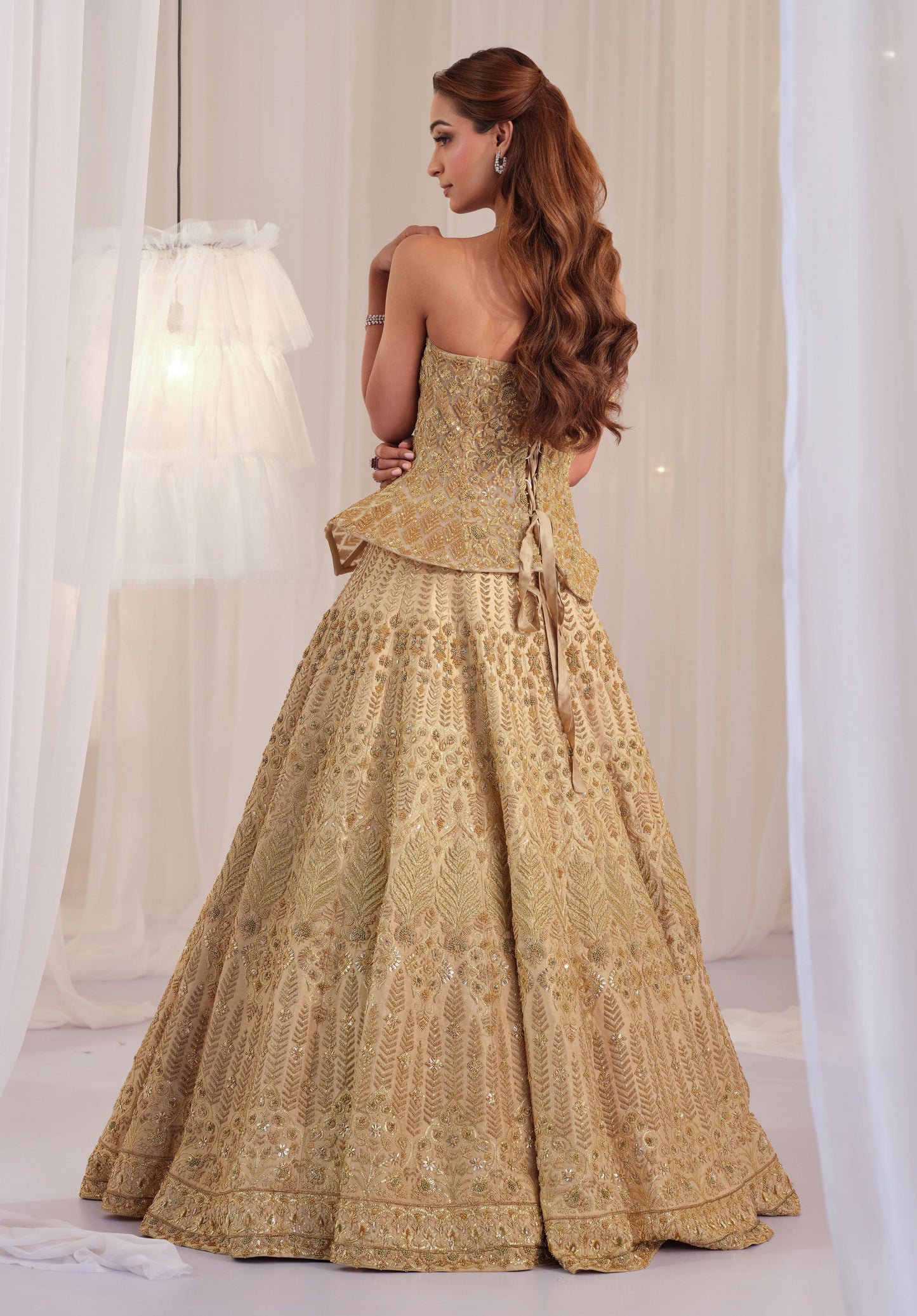 Gold Hand Embellished Sculpted Corset With Raw Silk Lehenga & Dupatta