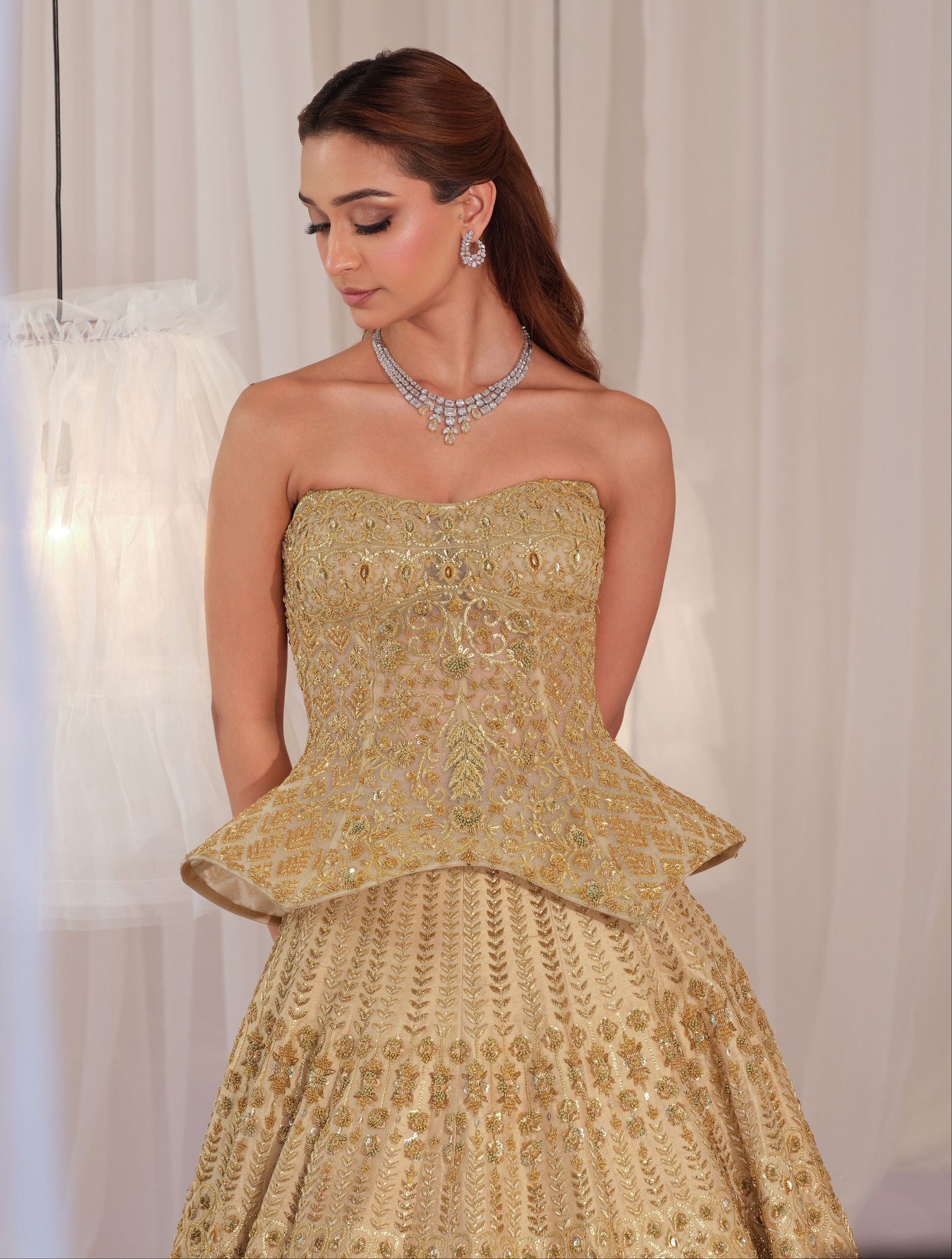 Gold Hand Embellished Sculpted Corset With Raw Silk Lehenga & Dupatta