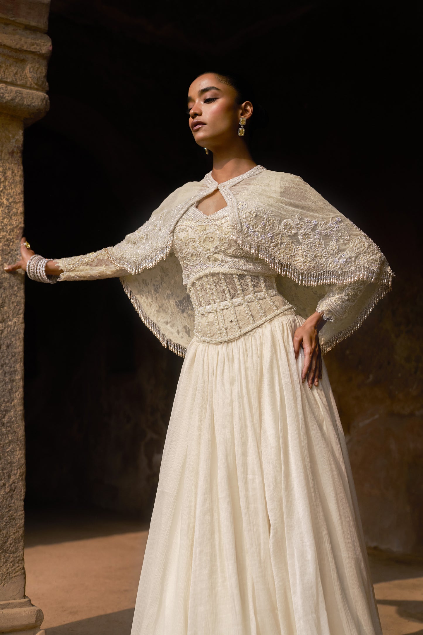 Pearlescent full sleevs blouse, cape and skirt set