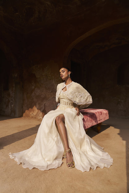 Pearlescent full sleevs blouse, cape and skirt set