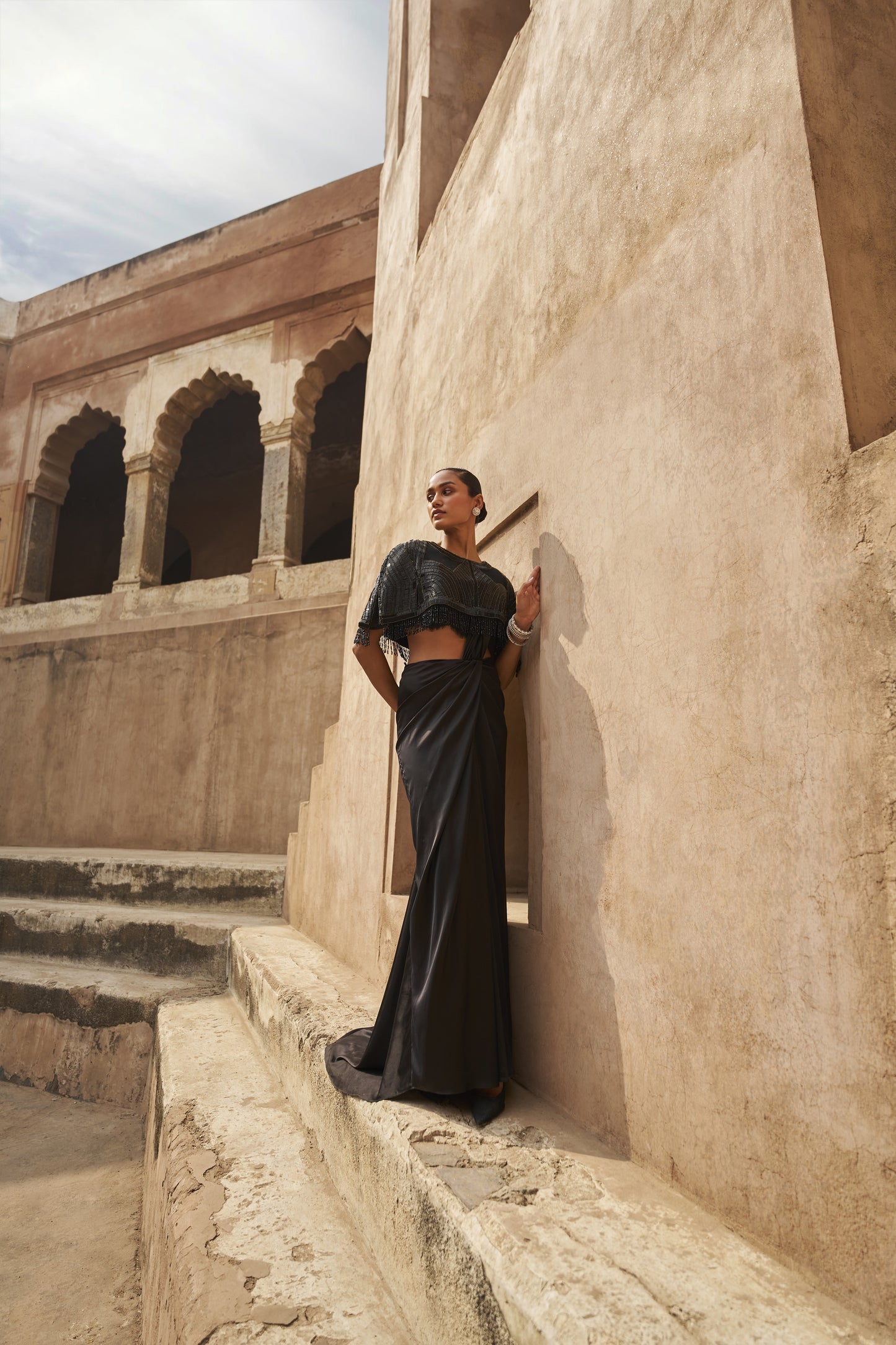 Amber musk lace blouse, cape and drape saree