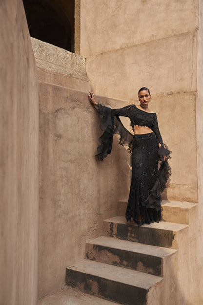 Fiery blouse , lehenga and ruffle dupatta