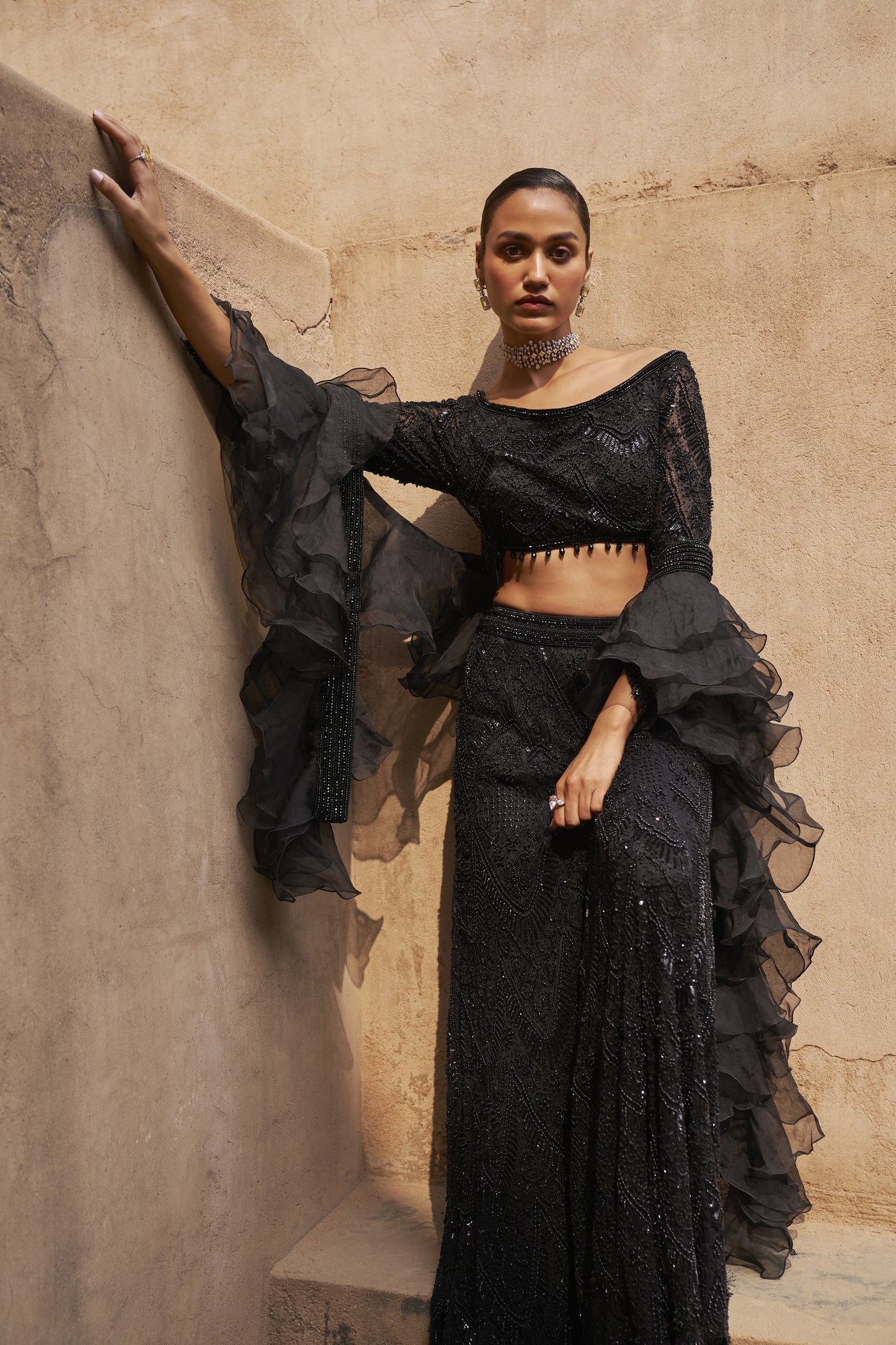 Fiery blouse , lehenga and ruffle dupatta