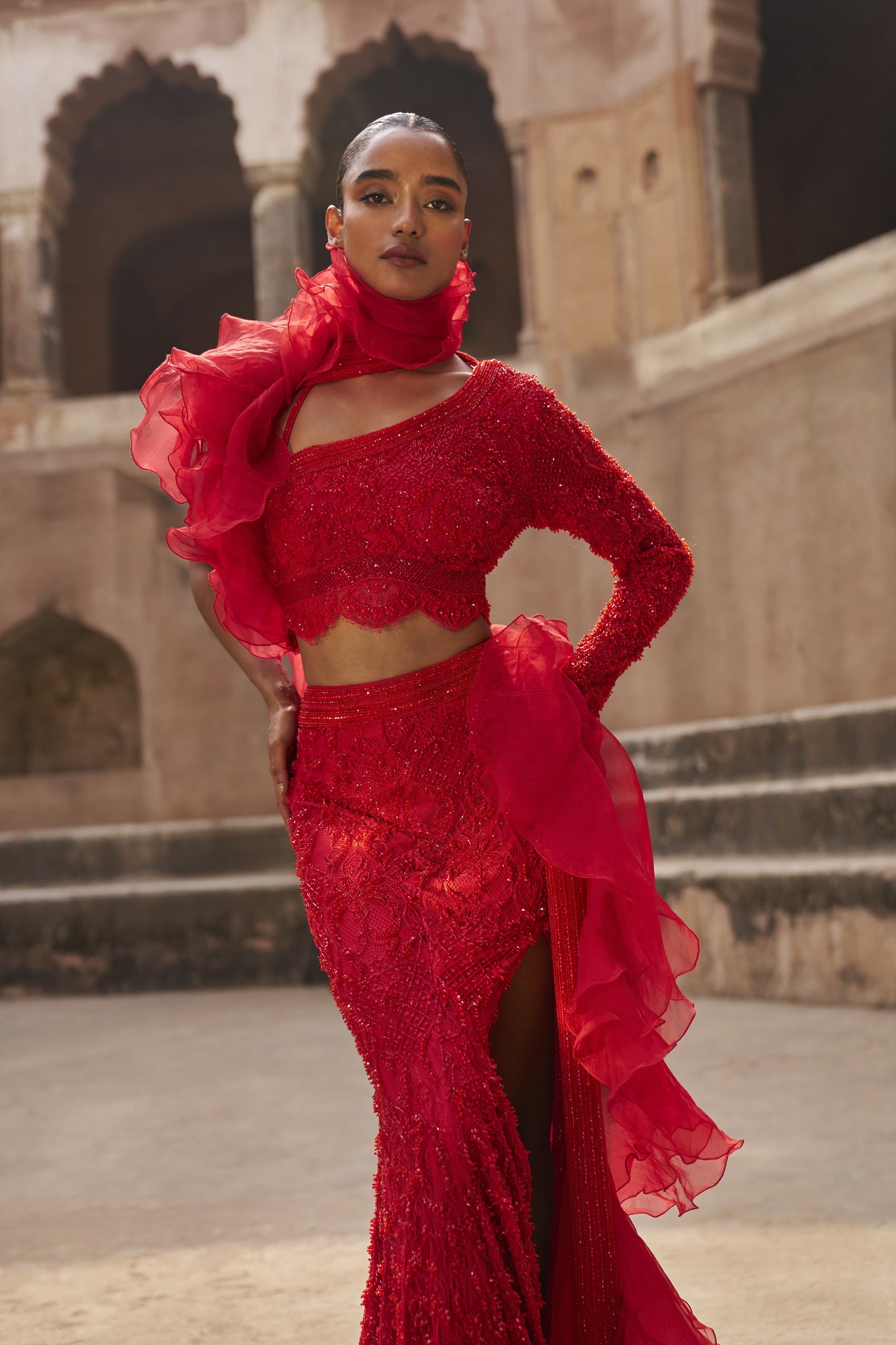 Crystal cascade lehenga blouse and dupatta set