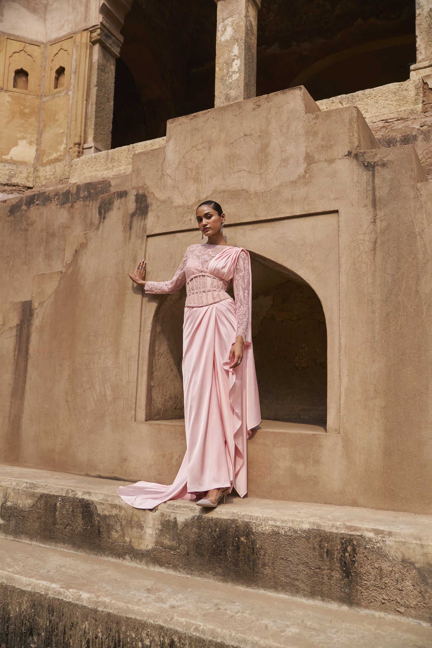 Silken stardust full sleeves blouse, drape saree and corset belt set