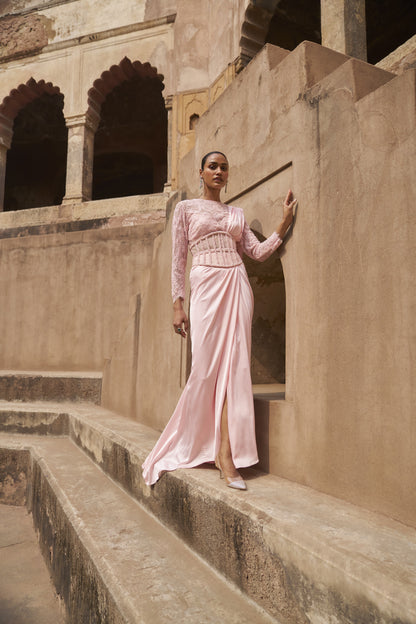 Silken stardust full sleeves blouse, drape saree and corset belt set