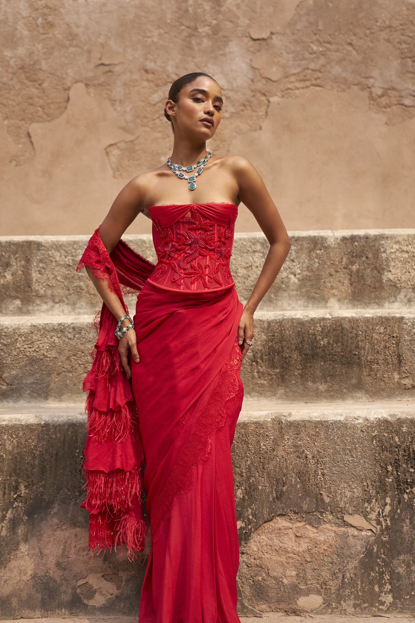 Crimson crowned saree with corset blouse set