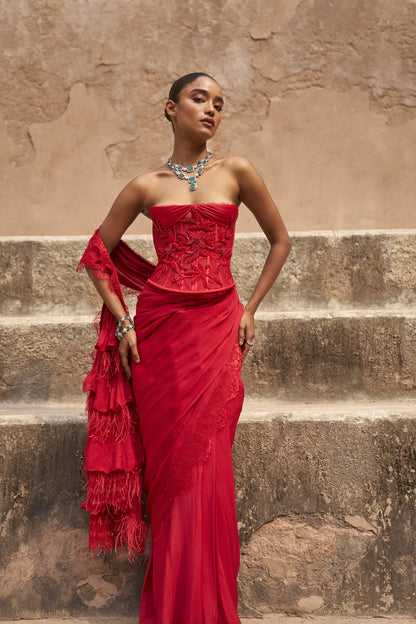 Crimson crowned saree with corset blouse set