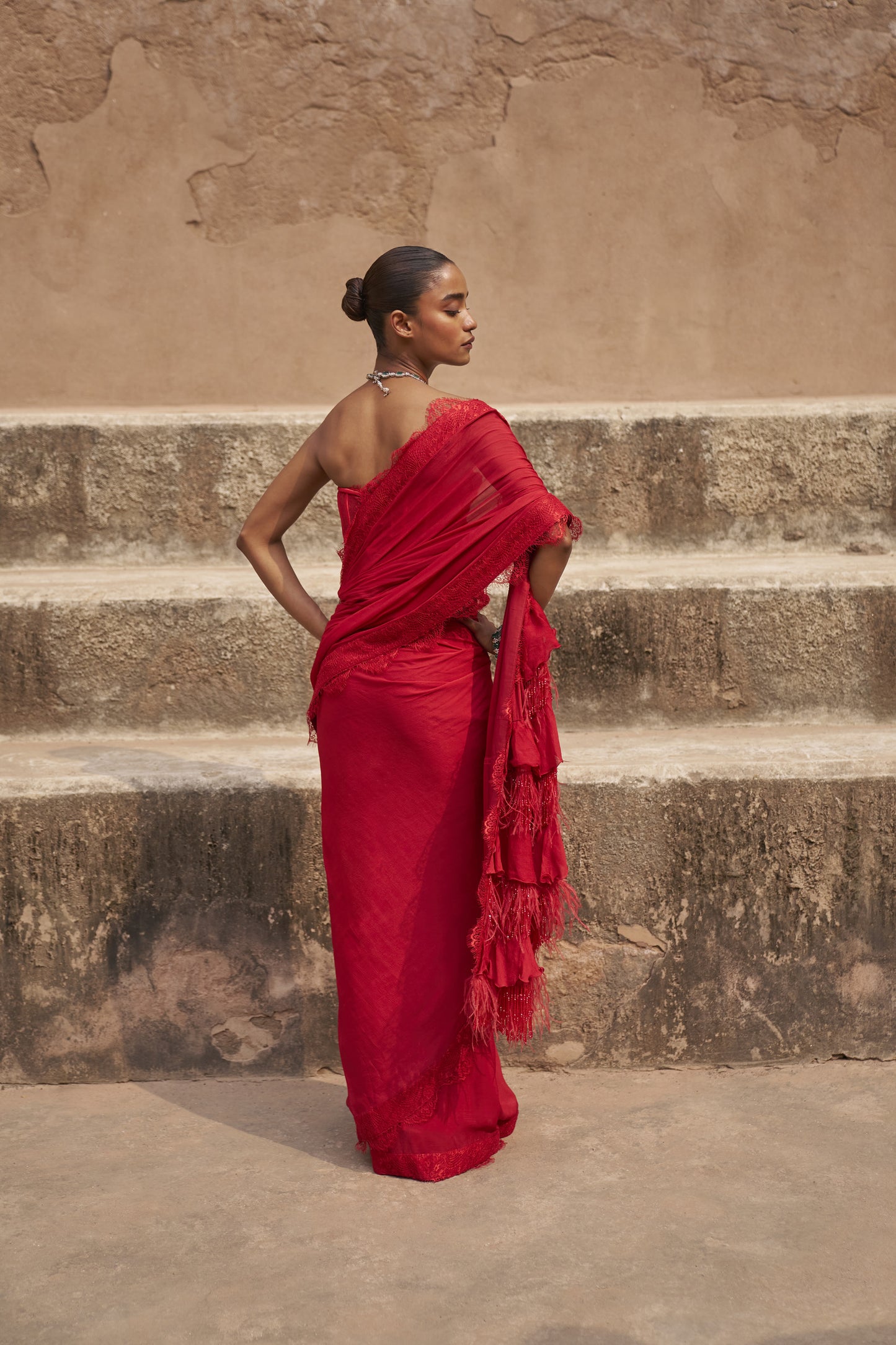 Crimson crowned saree with corset blouse set
