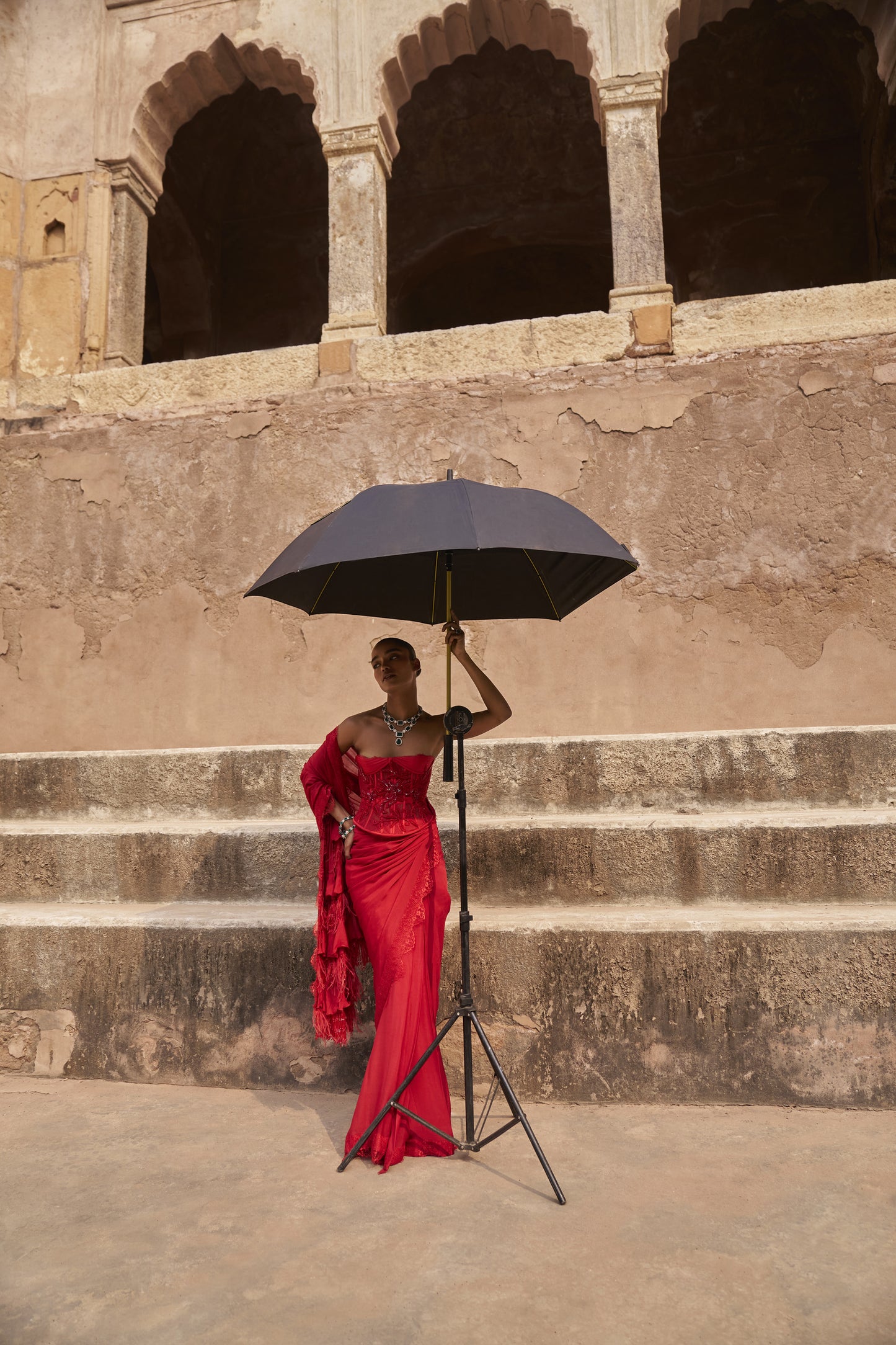 Crimson crowned saree with corset blouse set